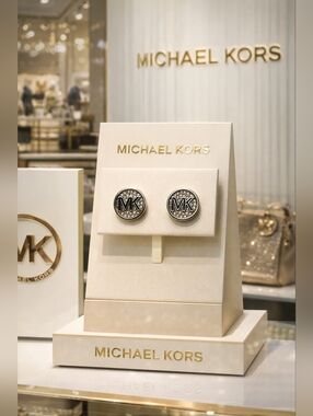 Michael Kors Silver-Tone MK Crystal Round Earrings & Dustbag